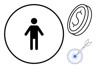 Çemberin içinde sadeleştirilmiş bir figür, dolar işaretli bozuk para, dart oklu dart tahtası. Başarı için ideal, finansal strateji, kişisel hedefler, başarı, hassasiyet odaklı minimalizm. Basit düz metafor