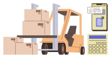 Forklift kaldırma kutuları, güvenlik kodlu akıllı telefon ve lojistik, depolama, envanter, çevrimiçi güvenlik, e-ticaret, dağıtım ve verimliliği gösteren hesap makinesi. İdeal
