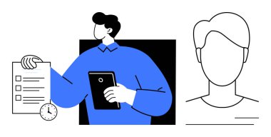 Tablet tutan kişi, kontrol listesi, saat profili ikonu anonimliği simgeliyor. Zaman yönetimi, üretkenlik, organizasyon, planlama, teslim tarihleri, profesyonellik için ideal düz metafor