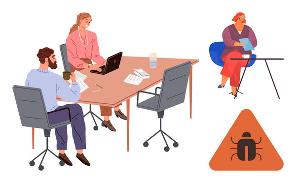 Group of professionals collaborating at a table with a laptop and notes, resolving technical issues. Caution sign with bug icon represents a problem. Ideal for teamwork, problem-solving, software