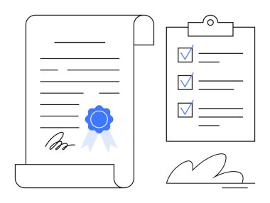 Panodaki listenin yanında imzalı ve mavi sertifikalı kurdele, meşruluğun, başarının, organizasyonun, kalite güvencesinin, onay sürecinin, profesyonelliğin vurgulandığı belge