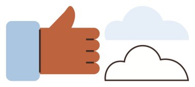 Minimalist bulutların yanında el hareketi gösteriyor. Pozitiflik, onay, iyimserlik, başarı, destek, takım çalışması, dijital etkileşim için ideal. Modern ve basit düz metafor