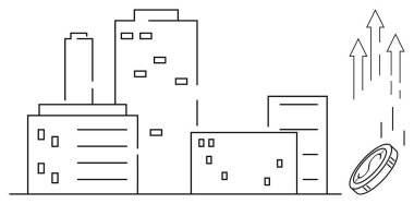 Yükselen oklarla paraların düşmesi şehir binaları arasındaki finansal büyümeyi sembolize eder. Ekonomi, yatırım, kentsel kalkınma, girişim finansmanı, mali başarı, iş büyümesi için ideal