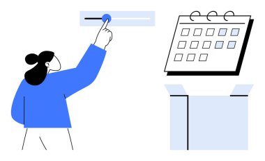 Kişi ayarlama çubuğu, planlama tarihleri için takvim, organizasyon için açık kutu. Üretkenlik, programlama, hedef belirleme, planlama, organizasyon iş akışı verimliliği kavramları için idealdir. Basit.