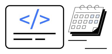 Üstüste binen sayfaları olan bir takvimin yanındaki ekranda mavi kodlama etiketi. Yazılım geliştirme, proje yönetimi, planlama, kodlama verimliliği, takım işbirliği, zamanlama, verimlilik için ideal