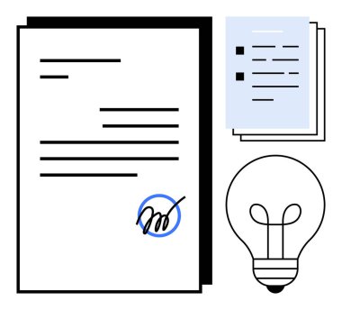 İmzalanmış belge, kontrol listesi kağıdı ve ampul resimli anlaşma, organizasyon ve fikirler. İş için ideal, yenilik, yaratıcılık planlama sözleşmeleri karar verme ekibi çalışması. Basit.