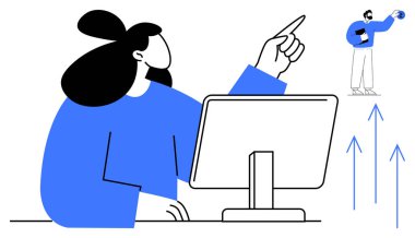 Bilgisayarda çalışan bir kadın, elinde küreyle uzaktaki bir adamı işaret ediyor. Büyüme okları ilerlemeyi, hırsı, yönü, yeniliği, liderliği, işbirliğini ve gelecekteki hedefleri sembolize eder. Çok basit.