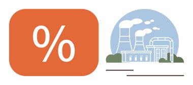Turuncu tabelalardaki büyük yüzdelik tabela, baca ve yeşillik ile birlikte sanayi fabrikalarının yanı sıra maliyet ve verimliliği de yansıtıyor. Enerji, çevre, kirlilik, ekonomi, üretim, iklim, maliyet için ideal