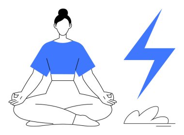 Nilüfer çiçeğine oturmuş, meditasyon yapan bir kadın, enerjiyi simgeleyen bir şimşek ve dinginlik için küçük bir bulut. Sağlık, farkındalık, enerji dengesi, stres atma, sağlık, maneviyat için ideal