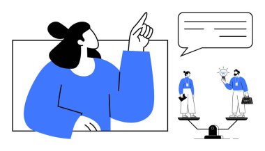 Konuşma baloncuğunu işaret eden bir kadın, iki meslektaşın fikirleri ve iş aletlerini tutan terazileri dengelemesi. Takım çalışması, liderlik, yenilik, eşitlik, sorun çözme, karar verme, iletişim için ideal