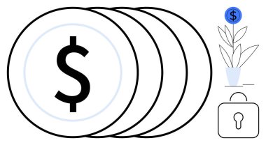 Dolar sembollü bozuk paralar, büyüme fikirli saksı bitkisi ve güvenlik teması için kilit. Finans, yatırım, tasarruf, iş, güvenlik zenginliği ve büyüme temaları için ideal. Modern daire