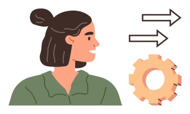 Yeşil gömlekli kadın yana bakıyor, ok ve dişli çarkla eşleştirilmiş ilerleme, iş akışı, yenilik ve takım çalışmasını sembolize ediyor. İş, kalkınma, liderlik, büyüme verimliliği için ideal