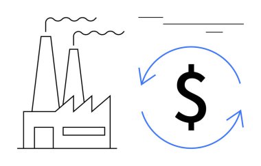 Yuvarlak oklarla çevrili dolar simgesinin yanında duman yayan fabrika. Finans, ekonomi, çevresel etki, endüstri, sürdürülebilirlik, ticaret, maliyet verimliliği için ideal. Basit düz metafor
