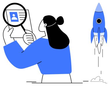 Kadın, bir roketin fırlatılması, fırsatların, yeniliklerin, gelişimin, adam toplamanın, yetenek arayışının, hedef arayışının ve girişimin başlatılmasını sembolize eden bir profili büyüteçle inceliyor. Basit düz metafor