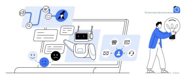 Dizüstü bilgisayardaki yapay zeka sohbet robotu kullanıcıya mesajlar, emoticonlar ve iş akışları üzerinden rehberlik ediyor. Teknoloji, otomasyon, müşteri desteği, yenilik, iletişim sorunu çözen dijital araçlar için idealdir. Basit.