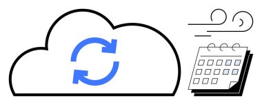 Mavi senkronize oklu bulut çizgisi, bitişik takvim ve rüzgar çizgileri akışı gösteriyor. Veri yönetimi, bulut depolama, zamanlama, zaman yönetimi, planlama, otomasyon bağlantısı için ideal