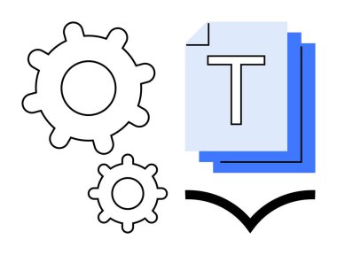 Açık bir kitap grafiğinin üzerindeki metin belgesi simgelerinin yakınındaki büyük ve küçük vitesler. Otomasyon, bilgi paylaşımı, üretkenlik, teknoloji, içerik yönetimi, veri işleme, basit iniş sayfası için ideal