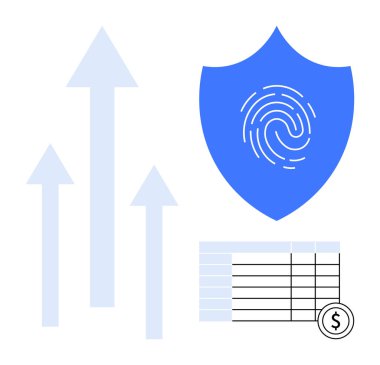 Üzerinde parmak izi olan bir kalkan, büyüme okları ve dolar sembollü bir finans masası. Finans, güvenlik, veri gizliliği, dijital büyüme, teknoloji koruma yeniliği için idealdir. Basit bir daire.