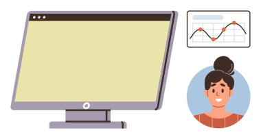 Boş ekranlı bilgisayar monitörü, noktalı çizgi grafiği ve gülümseyen kadın portresi. Eğitim, iş, teknoloji, sanal iletişim, analitik kişisel gelişim takım çalışması için idealdir. Basit düz