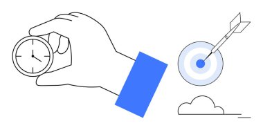 Elinde bir kronometre ve bir hedefi bulut aksanıyla vuruyor. Zaman yönetimi, hedef belirleme, üretkenlik, odaklanma, hassasiyet, planlama, verimlilik için ideal. Basit düz metafor