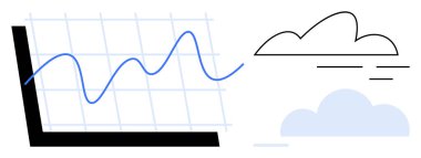 Bulut tasarım elementlerinin yanında dalgalanan grafiği olan çizgi çizelgesi. Analiz, hava durumu, trendler, teknoloji, bulut hesaplama, iş büyümesi, dijital ekonomi için ideal. Basit bir düz metafor.