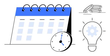 Takvim, saat, sikke ve ampul planlama, zaman yönetimi, finansal hedefler ve yenilikleri vurguluyor. Zamanlamalar için ideal, son teslim tarihleri verimlilik projesi planlama modern tasarım