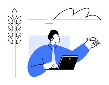 Adam dizüstü bilgisayar kullanıyor, elinde kalem var. Buğday sapı, bulut tarımsal büyümeyi, yaratıcılığı, verimliliği, yeniliği, sürdürülebilir tarım iş ortaklıklarını sembolize eder. Basit düz metafor