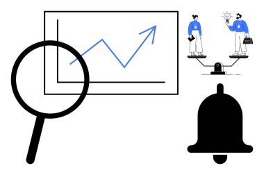 Büyüme grafiği üzerinde büyüteç, çan simgesi ve fikir alışverişinde bulunan iki profesyonel. Strateji, takım çalışması, iletişim, bilgilendirme, yenilik araştırma analizleri için ideal. Basit düz