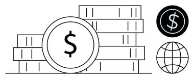 İçinde dolar sembolü, küre ve para birimi çemberi olan bozuk paralar. Finans, yatırım, küresel ticaret, ekonomi, banka tasarruf e-ticaret için idealdir. Basit bir düz metafor.