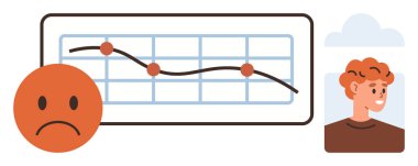 Çizgi grafiği aşağı doğru eğilimi, üzgün yüzü, genç insan düşüncesini gösteriyor. Analiz, başarısızlık, duygular, zorluklar, yansıma, iş ve karar verme kavramları için idealdir. Basit düz metafor