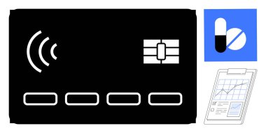 Temassız ödeme özelliği olan kredi kartı, ilaç için kapsül ve tablet, sağlık tablosu olan pano. Finans, sağlık, teknoloji, eczane, sağlık sigortası, yenilik için ideal