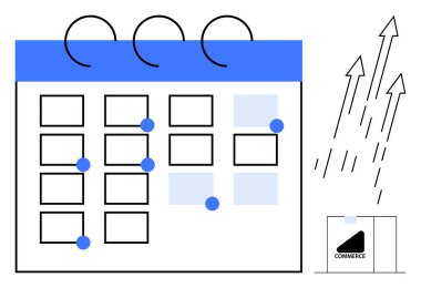 Vurgulanmış tarihler, yükselen oklar ve ticaret çizelgesi olan bir takvim. Planlama, planlama, iş büyümesi, strateji, e-ticaret analiz zaman çizelgesi için ideal. Basit bir düz metafor.