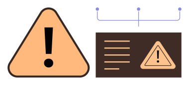 Sarı üçgen uyarı ve ünlem, koyu paneldeki metin bloğu ve bağlı noktalar diyagramı. Tedbir, güvenlik, uyarı, iletişim, işaret, bilgi için ideal düz metafor