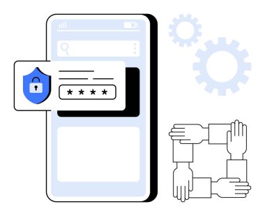 Cep telefonu, birbirine bağlı eller ve dişli tekerleklerle birlikte şifreli giriş özelliklerini gösteriyor. Veri koruması, takım çalışması, işbirliği, teknoloji, siber güvenlik, dijital