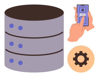 Geniş veri sunucu yığını, mobil uygulamanın kilidini açmak ve güvenlik ve sistem yapılandırmasını sembolize eden teçhizat. Siber güvenlik, veri depolama, bulut hesaplama, bilişim çözümleri, teknoloji, yazılım için ideal