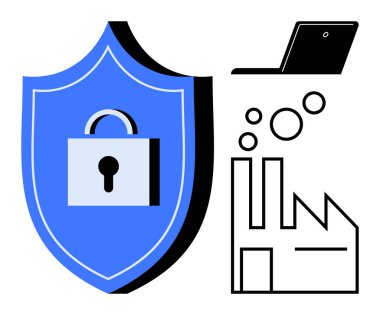 Kilit simgesi, dizüstü bilgisayar, siber güvenliği, veri korumasını ve güvenli endüstriyel sistemleri temsil eden fabrika simgeleri olan mavi bir kalkan. Teknoloji, dijital güvenlik, endüstriyel güvenlik ve yenilik için ideal