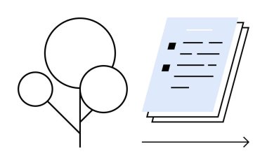 Gelişmeyi simgeleyen bir okla istiflenmiş belgelerin yanında minimalist ağaç illüstrasyonu. Ekoloji, sürdürülebilirlik, çevre bilinci, eğitim, yenilik, belgeler, büyüme için ideal