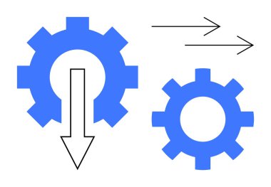 Aşağı ve sağa doğru iki mavi dişli iş akışı, otomasyon ve işleme gelişimi iletiyor. Takım çalışması, mühendislik, problem çözme, strateji ve verimlilik için ideal