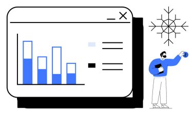 Ekranda iş adamının verileri analiz ettiği, elinde bir bardak tuttuğu ve bir kar tanesi tasarımının yanında durduğu bar çizelgesi var. Veri analizi, istatistik, raporlama, iş akışı, iş anlayışı, verimlilik için ideal