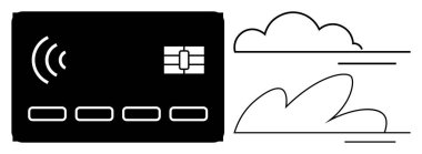 Temassız ödeme kartının düz tasarımı ve stilize bulutlar hızlı ve güvenli çevrimiçi ödemeler olduğunu gösteriyor. Finans, e-ticaret, teknoloji, bulut hesaplama, dijital dönüşüm, fintech için ideal