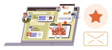 Laptop ekranı görüntüleme video çağrısı, iletiler, grafikler, arama çubuğu, kullanıcı simgeleri ve ayarlar. Takım çalışması için ideal, uzaktan çalışma teknolojisi ağ iletişimi verimliliği. Basit.