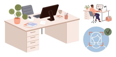 Bilgisayar, sandalye, bitki ve malzemelerle modern masa düzeni. Yan görüntüler uzaktan kumandayı gösteriyor ve yüz tanıma onaylandı. Teknoloji, uzaktan çalışma, güvenlik ve verimlilik için ideal