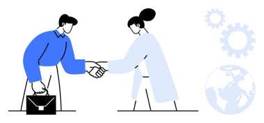 İki profesyonel el sıkışıyor, ortaklığı ve işbirliğini sembolize ediyor, arka planda bir çanta, vites ve küreyle. Takım çalışması, iş, bağlantı, büyüme anlaşması için ideal