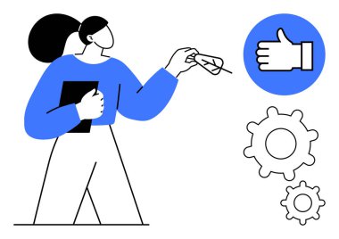 Mavi kazaklı kadın elinde tablet ve kalemle aşağıdaki vitesli tasdik edilmiş el ikonuna bakıyor. Takım çalışması, üretkenlik, iş akışı, yönetim, yenilik, onay süreçleri, basit iniş sayfası için ideal