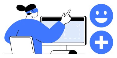 VR kulaklık takan bir birey, arayüz elemanlarını gösteren bir bilgisayar ekranı ile etkileşime giriyor. Yanyana gösterilen olumlu geri bildirim simgeleri. Yenilik, teknoloji, geri bildirim, yaratıcılık için ideal