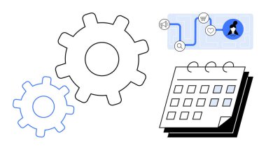 Vites mekanizmaları, bağlı iş akışı yönlendirme simgeleri ve bir takvim verimliliği, görev çizelgesini, otomasyonu, planlamayı sembolize eder. Verimlilik, takım çalışması, son teslim tarihi kaynak yönetimi için ideal