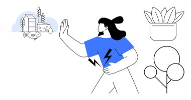 Alerjisi zengin gıdalardan kaçınmak için el kol hareketi yapan, midesi rahatsız olan bir kadın figürü. Bitkilerin ve ağaçların yakınlarındaki çizimler. Sağlık, alerji, beslenme, sağlık, gıda toleransı için idealdir.