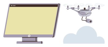 Masaüstü monitörünün yanındaki bulutun üzerinde uçan kameralı bir gözetleme uçağı. Güvenlik, teknoloji, veri işleme, siber koruma, izleme, bulut hesaplama ve yenilik için idealdir. Basit.