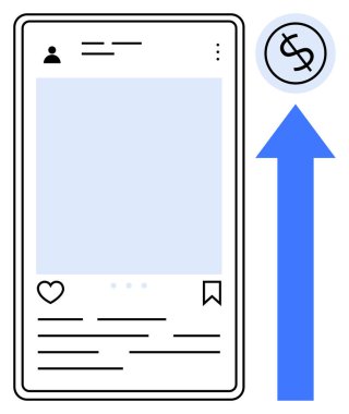 Posta ile akıllı telefon düzeni, bağlılık simgeleri ve dolar işareti ile yukarı doğru mavi bir ok. Sosyal medya, pazarlama, büyüme, gelir, analitik, strateji, basit düz metafor