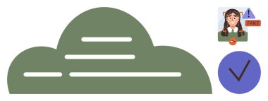 Yeşil bulut, YZ 'nin yanlış bilgilendirme, doğrulama ve orijinalliği vurgulayan depolamaya yakın unsurları sembolize eder. Teknoloji, yapay zeka etiği, veri doğruluğu, siber güvenlik ve içerik için ideal